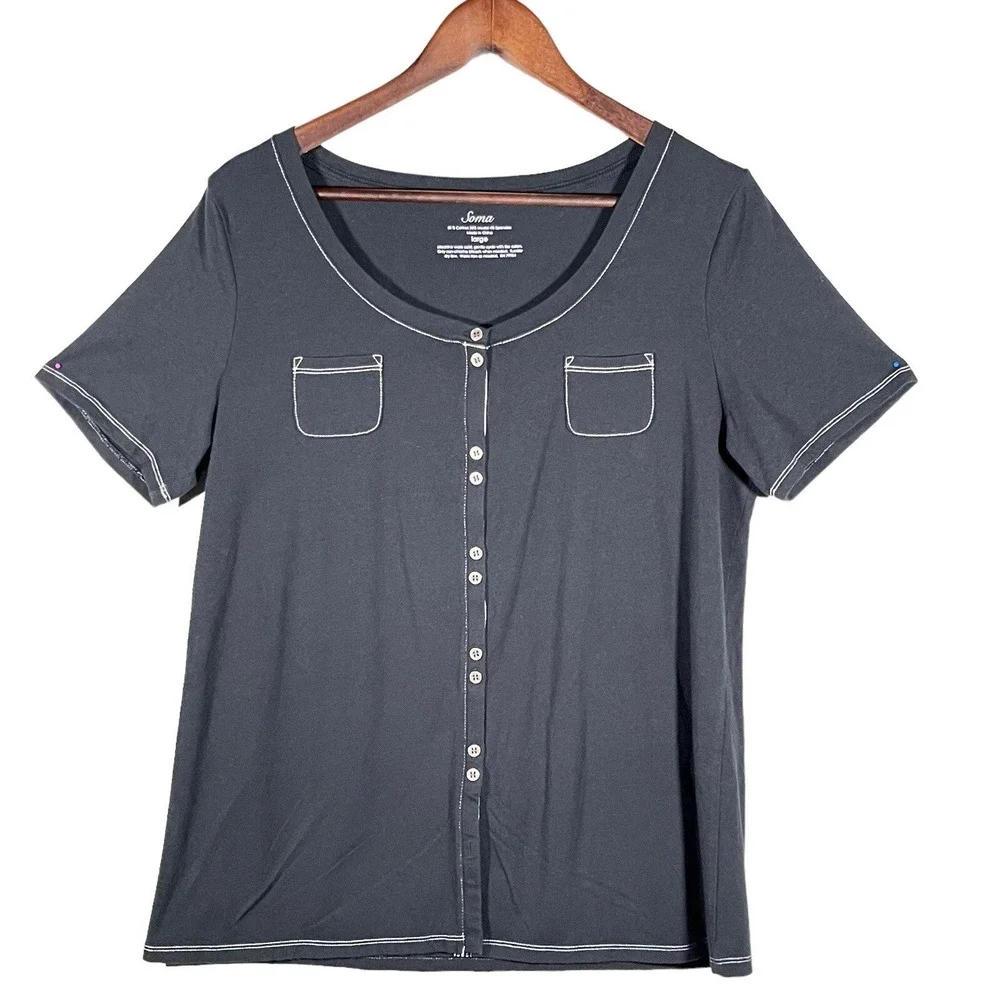 Soma Pajama Top Women Large Dark Grey Excellent Button Front Contrast Stitch